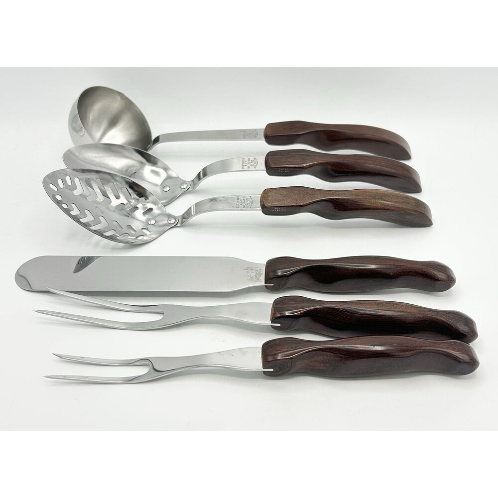6 Vtg CUTCO Serving Set Spoons Ladle Fork 12 13 15 26 27 28 Swirl Wood Handles